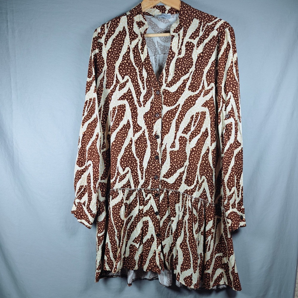 Ashilda Brown Abstract Animal Print Drop Waist Tunic Dress Large roll tab Sleeve
